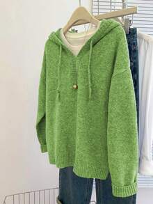 SHEIN Franclia Áo len dệt kim dài tay màu xám cơ bản, dáng rộng, có mũ trùm đầu, dành cho nữ, mùa thu/đông - màu xanh lá - Xem 3