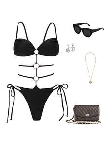 Swim SXY 女士性感前卫音乐节派对泳衣，简约优雅度假海滩必备单品，纯黑色亮面面料，搭配镂空金属竹环，交叉露背设计，连体泳衣，修身剪裁，适合户外夏季穿着。 - 黑色 - 查看 5