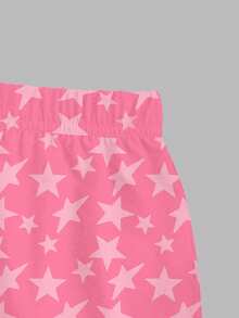 1 Set Tween Mädchen Lässig 67 Muster Schwarzes Kurzarm Rundhals T-Shirt und Rosa Weite Hose mit Sternenmuster, modisches Outfit für Frühling/Sommer - Schwarz - Übersicht 4