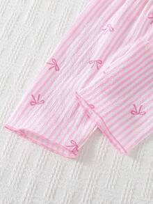 Newborn Baby Pajamas-2 Pieces Pajama Set Pink Striped Pajama Set With Bow Print Long Sleeve Round Collar Button Front Top And Elastic Waist Pants Four Season Holiday 2026 Essential Soft Gentle Skin Friendly Classic Sleepwear