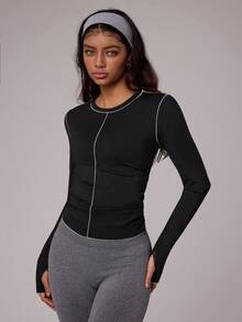 Dewbera Contrast Trim Round Neck Fitted Sporty Long Sleeve T-Shirt Women Active Top Curve Athletic Top Long Sleeve Sport Top Black Sport Top - Black - View 3