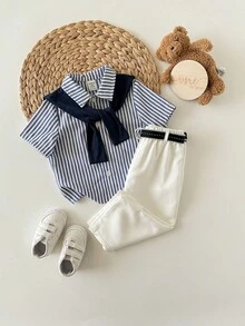 Newborn Baby Boy Cute Casual Striped Short Sleeve Shirt, Elastic Waist Pants And Shawl 3-Piece Set