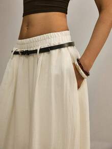 ATUI Studio 杏色亚麻松紧腰黑色腰带艺术垂褶裙 - 杏色 - 查看 4