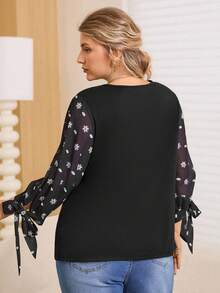 EMERY ROSE Maglietta a maniche 3/4 con scollo tondo, stampa floreale a pois, taglie comode - nero - Visualizzare 2