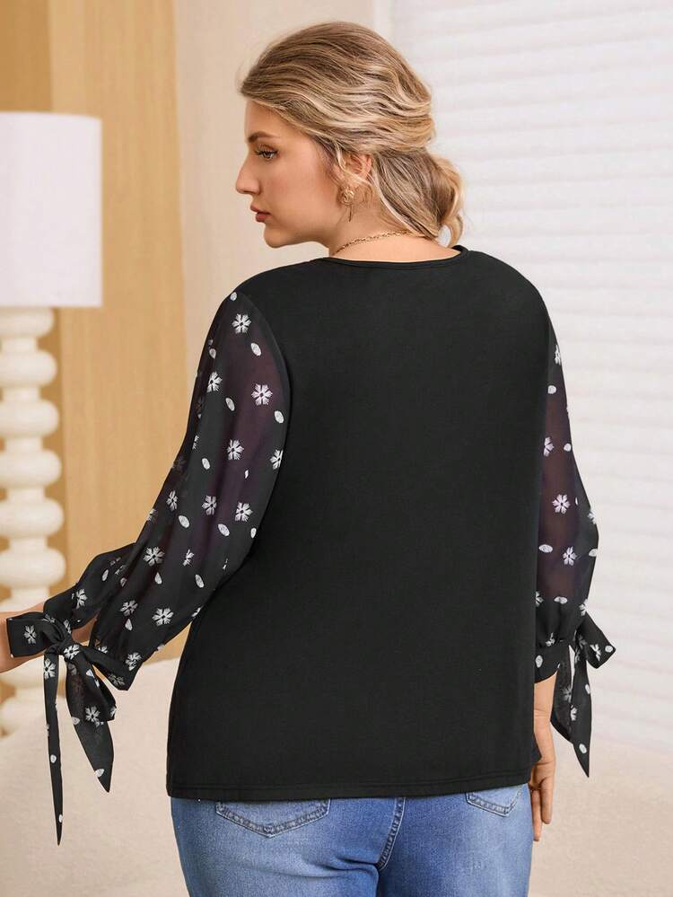 Plus Size Round Neck Floral Polka Dot Print 3/4 Sleeve T-Shirt Winter Clothes For Women New Year Clothes Christmas Party Dress Elegant Dress Women Valentine's Day