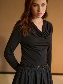 MOTF PREMIUM WOMEN'S COWL NECK WOVEN LONG SLEEVE PUFFBALL HEM DRESS - Black - View 5