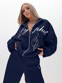 BABYPHAT Oversized Zip Up Sweatshirt With Script Print And Figure Design Fall Winter Casual Loungewear Sweatshirt - Navy Blue - View 7