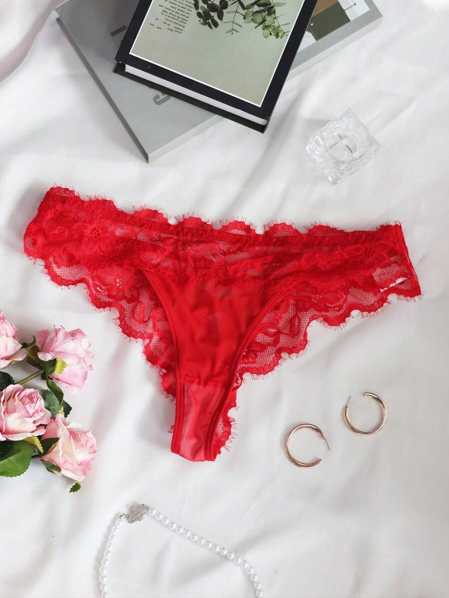 SHEIN BAE Women's Sexy Lace Mesh Thong Panties - Red - View 1