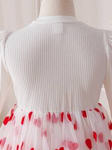 Glamorique Kids Young Girls' Spring/Summer New White Ribbed Splice Red Heart Flocked White Mesh Elegant Design Party Puff Sleeve Stand Collar Dress - White - View 3
