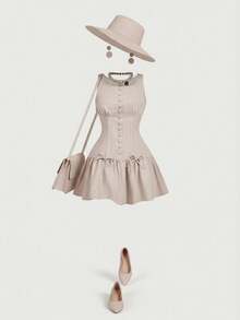 SHEIN MOD 大码纽扣和蝴蝶结装饰短裙，优雅通勤，百搭日常穿着 - 卡其色 - 查看 11