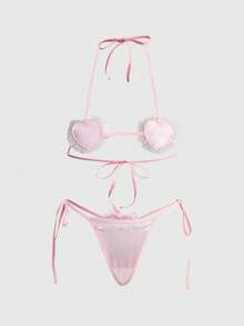 ROMWE Kawaii Women's Cute Valentine's Day Solid Heart Shaped Halter Tie Crotchless Lingerie Set - Pink - View 1