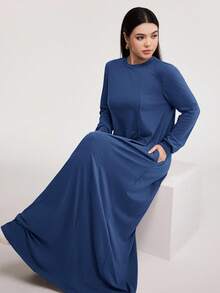 Veilorie 女士休闲纯色长款阿拉伯风格连衣裙，春秋季节，朴素长袖连衣裙，非常适合海滩/休闲/度假/家居服/日常穿着 - 藍色 - 查看 5