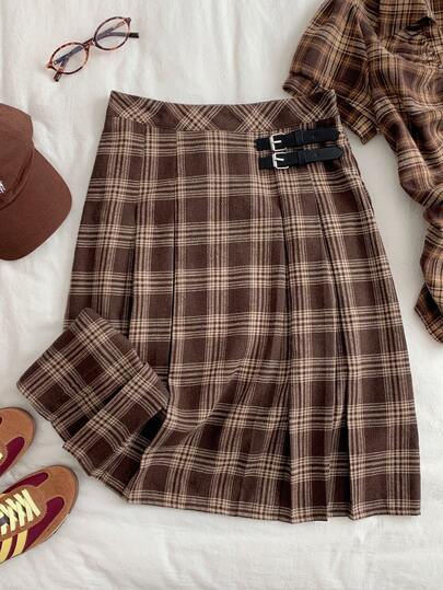 Comfortcana 女士格子印花拼接复古A字裙