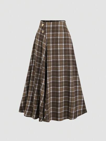 Sweetra French Elegant Vintage American Old Money Style Melange High-End Elegant Slimming Asymmetrical Brown Plaid A-Line Skirt, Spring/Autumn/Winter