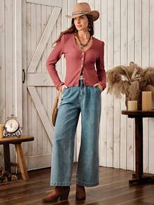 Wildy Áo thun dài tay cơ bản phong cách miền Tây giản dị dành cho nữ, thích hợp mặc hàng ngày vào mùa thu/đông - Gỗ đỏ - Xem 7