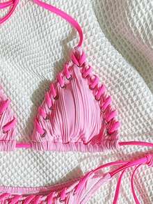 Swim Mod Women's Solid Color Halter Tie Sexy Bikini Swimwear Set, Summer Beach - Baby Pink - View 3
