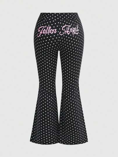 Kawaii Plus Size Women's Black & White Polka Dot, Pink Letter Print Flare Pants