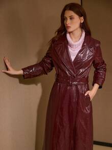 MOTF PREMIUM PU皮革翻领带扣长款风衣 - 酒紅色 - 查看 5