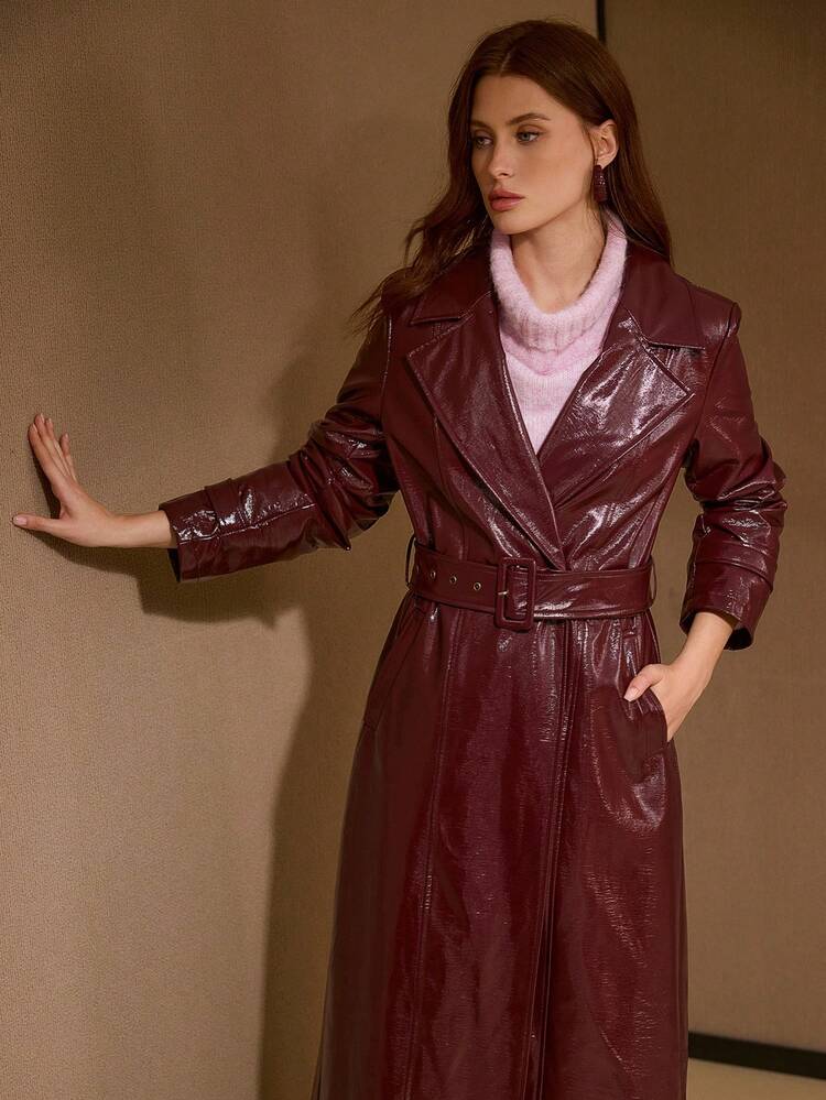 MOTF PREMIUM Casaco Trench Longo com Cinto, Gola de Couro PU e Fivela - Vinho - Visão 5