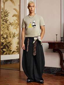 SWAVVY 男士时尚休闲宽松条纹刺绣长裤，秋季 - 黑色 - 查看 5