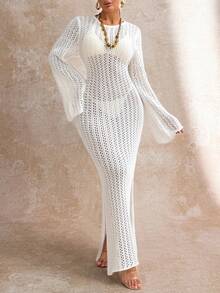 EURMUSE Lightweight Open Knit Cover Up Dress With Contrast Black Tie Neck And Hollow Crochet Pattern For Beach Look - White - View 7