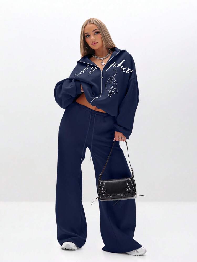 BABYPHAT Moletom Oversized com Zíper e Estampa de Texto e Figura, Roupa de Descanso Casual de Outono e Inverno