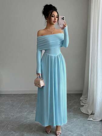 Vesra Women's Solid Color Pleated Off-Shoulder Elegant Long Sleeve Dress