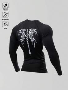 Acti Log 1pc Men's Contrast Color Print Long Sleeve Fitted Sports T-Shirt Compression Long Sleeve Rash Guard Graphic Compression Shirt Spandex Shirts Gym Tops Long Sleeve Breathable Comfortable Slim Fit For Gym Training Compression Performance T-Shirt - Black - View 2