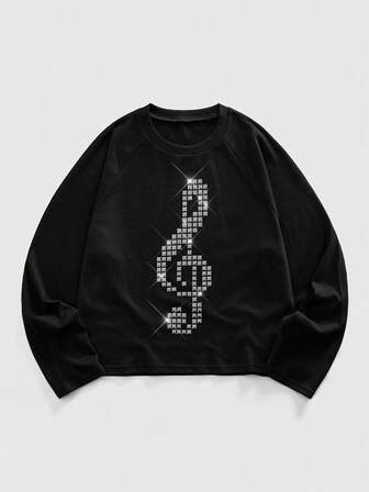 Herren Lässig Mode Musik Festival Nieten & Notenmuster Raglanärmel Waffelpique T-Shirt, Frühling/Herbst