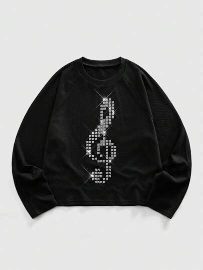 T-shirt en tissu gaufré à manches raglan avec motif de rivets et de notes, style mode décontracté pour festival de musique pour hommes, printemps/automne