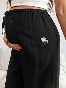 SHEIN Spring Women, Fall ,Autumn ,Maternity Autumn Casual Versatile Commuting Embroidered Detail Pants Comfy Pants Pregnancy Pants ,Linen Pants - Black - View 4
