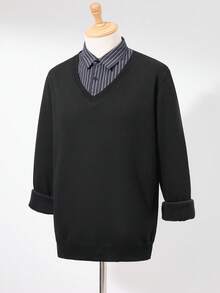 RONVEXI Men's Shirt Collar Patchwork Sweater, Autumn/Winter - Black - View 7