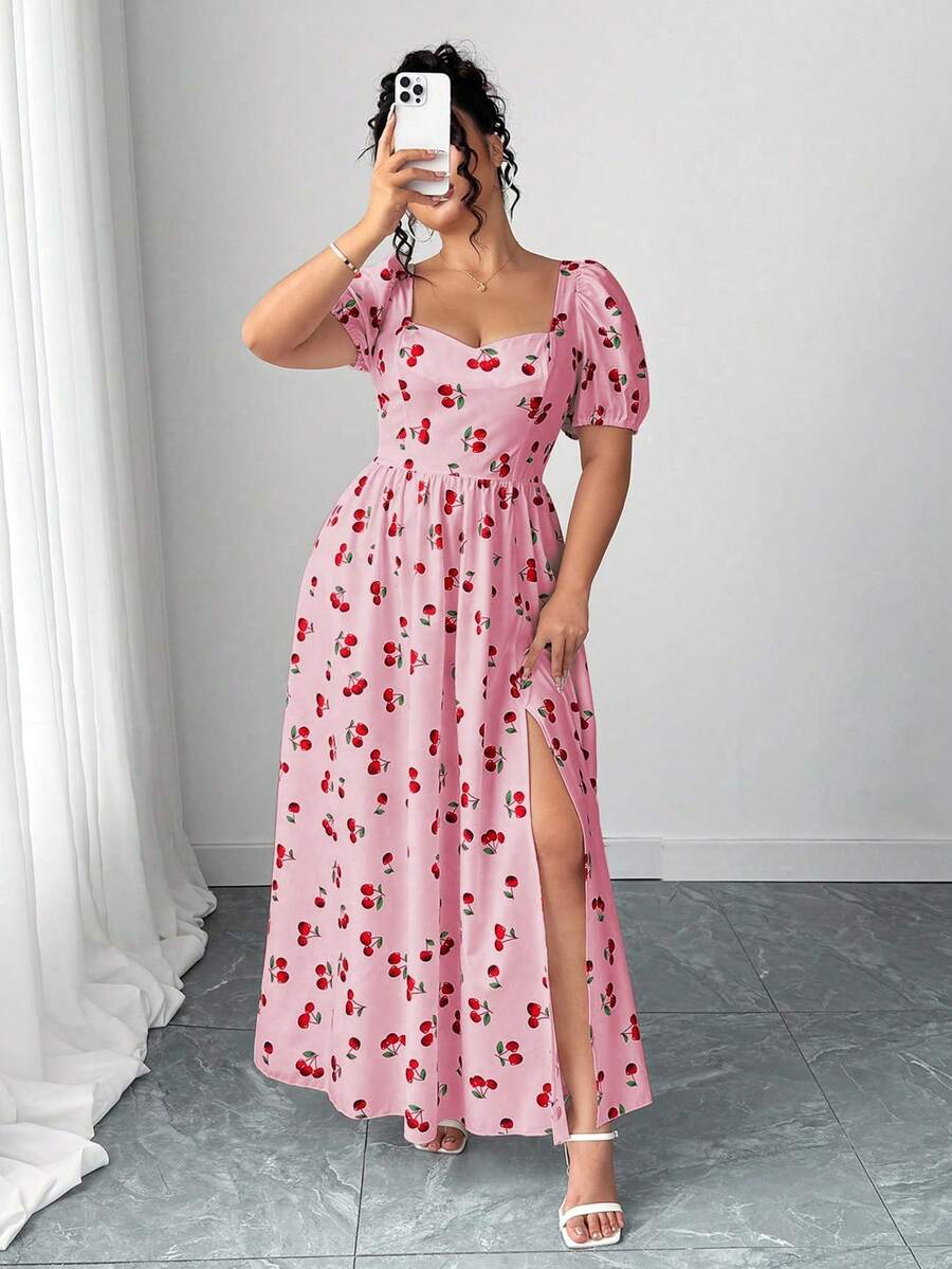 Elenzga 情人节加大码女式樱桃印花泡泡袖露背开衩连衣裙 - 粉色 - 查看 1