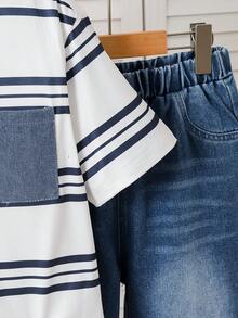 Mirajuku 2pcs/Set Boys' Casual Striped T-Shirt With Denim Pocket Patchwork, Paired With Ripped Jeans, Fashionable Outfit For Multiple Occasions - Blue - View 6