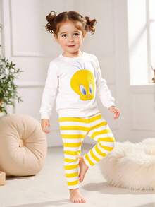 LOONEY TUNES X SHEIN 2pcs/Set Young Girl Cartoon Tweety Bird Embroidery White Sweatshirt And Yellow-White Striped Print Leggings, Suitable For Autumn/Winter