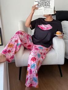 Dream Adore Plus Size Lip Print Short Sleeve Casual Pajama Set Cute Lounge Wear - Pink - View 5