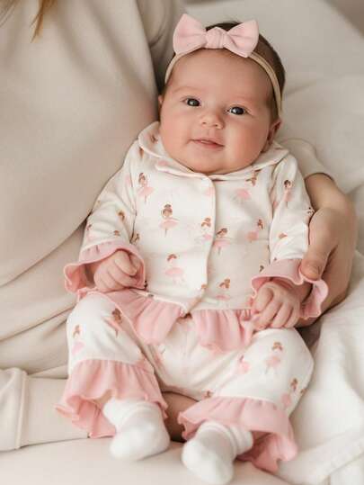 Cozy Pixies Newborn Baby Girl Cartoon Ballerina Print Contrast Color Lapel Long Sleeve Cardigan Top And Elastic Waist Pants 2 Pieces Set