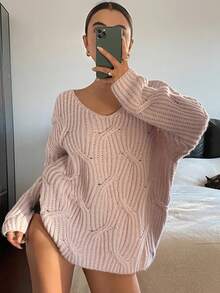 DAZY 女士V领麻花针织宽松长袖休闲套头毛衣，秋冬款 - 粉色 - 查看 1