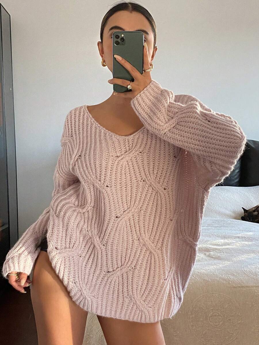 DAZY 女士V领麻花针织宽松长袖休闲套头毛衣，秋冬款 - 粉色 - 查看 1