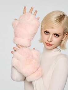 ROMWE Grunge Punk 1双粉色小鹿毛绒手套，可爱秋冬保暖舒适猫爪形指套，高品质加厚天鹅绒仿毛皮指套 - 粉色 - 查看 1
