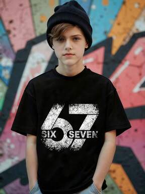 Boys' Casual Vintage "67" Graphic Print Round Neck Short Sleeve T-Shirt, Suitable For Outings, Black Short Sleeve Top "Six Seven" Suitable For Summer And All Seasons