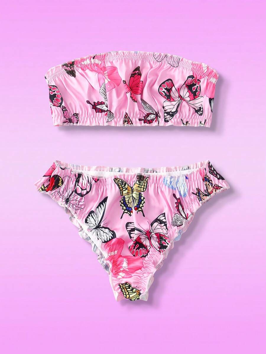 Notgurli 2pcs Pink Satin Jacquard Butterfly Print Ruffle Trim Strapless Bustier Bra And Panty Set, Sweet & Cute, Suitable For Vacation, Party, Music Festival, Club - Pink - View 1