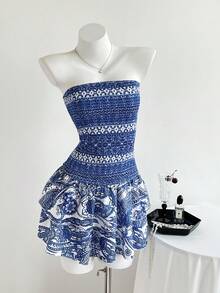 Elamini Petite 女士度假花卉印花荷叶边下摆露肩连衣裙