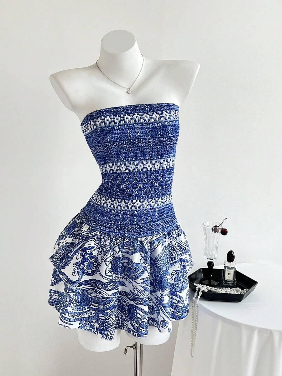 Elamini Petite 女士度假花卉印花荷叶边下摆露肩连衣裙