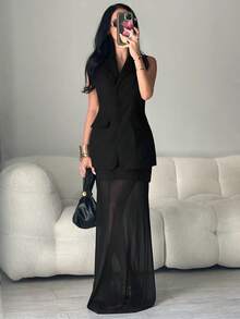 Feyla Spring To Summer Winter Valentine's Day Vacation  Gras Wedding  Carnival Costume Beach Outfit For Women  Elegant Dresses For Party Wedding Guest Dress For Women Summer Outfits Spring Clothing Valentine Outfits For Women Black Tulle Suit And Skirt Suit Sheer Dress Women 2 Piece Skirt Sets Woman Suit Dress Black Skirt Set - Black - View 4