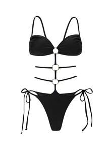 Swim SXY 女士性感前卫音乐节派对泳衣，简约优雅度假海滩必备单品，纯黑色亮面面料，搭配镂空金属竹环，交叉露背设计，连体泳衣，修身剪裁，适合户外夏季穿着。 - 黑色 - 查看 7