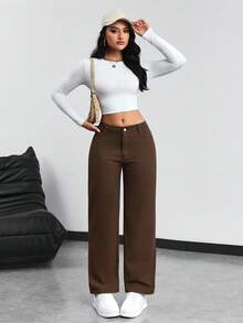 SHEIN PETITE Casual Versatile Low-Waist Straight-Leg Jeans - Chocolate Brown - View 5