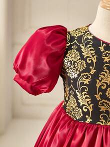 Glamorique Kids Young Girl Round Neck Puff Sleeve Floral Print Ruffle Party Dress - Burgundy - View 4