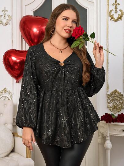 EMERY ROSE Plus Size Women's Valentine's Day Gold Foil All-Over Print Keyhole Neck Lantern Sleeve Babydoll Top, Suitable For Spring And Autumn, Going Outs, 2025 New , Simple And Fashionable For Everyday Wear, Plus Size Winter , Comfortable And Breathable, Christmas For Women, New Year , Suitable For Multiple Occasions, Christmas, Date Nights Women, Night Party, Elegant Party, Date Nights Women, Thanksgiving For Women, Suitable For Valentine's Day