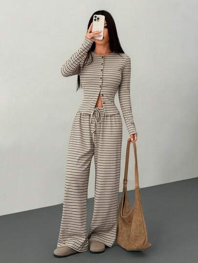 SHEIN PETITE 2pcs Women Casual Striped Front Button Long Sleeve Top And Wide Leg Pants Set, Spring And Summer 2 Piece Casual Sets Woman Comfortable Two Piece Set